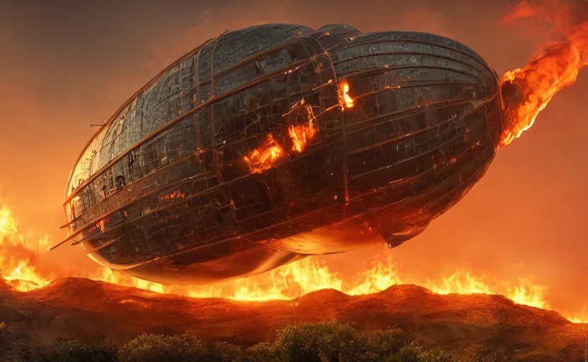 Prompt: a giant steampunk comcast branded airship with huge comcast logo crashed and burning on the side of a cliff, people running in fear, flames and thick black smoke billowing, golden hour, dystopia, sharp focus, octane render, 8k