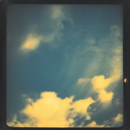 Image similar to instant photograph of the sky, polaroid, raw, beautiful, nostalgic, light leak, night, clouds, city