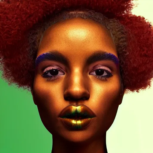 Prompt: photorealistic portrait of a black woman with an afro, trippy, 4 k, 8 0 mm