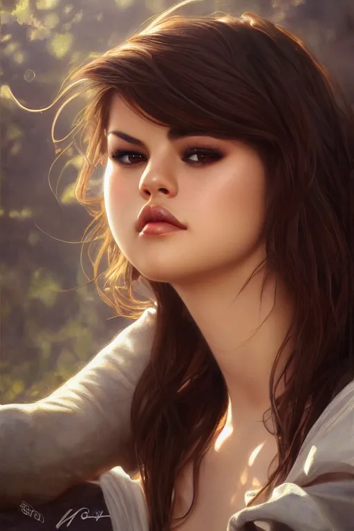 Image similar to ultra realistic illustration, selena gomez, elegant, highly detailed, digital painting, concept art, smooth, sharp focus, illustration, art by artgerm and greg rutkowski and alphonse mucha