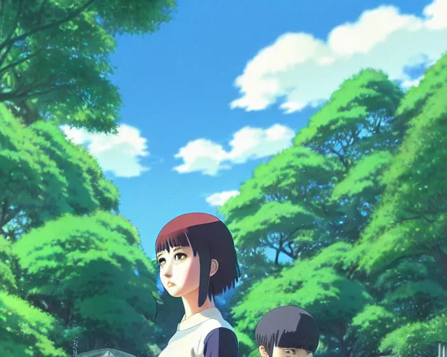 Image similar to hinata hyuga, park in background, bokeh. anime masterpiece by Studio Ghibli. illustration, sharp high-quality anime illustration in style of Ghibli, Ilya Kuvshinov, Artgerm