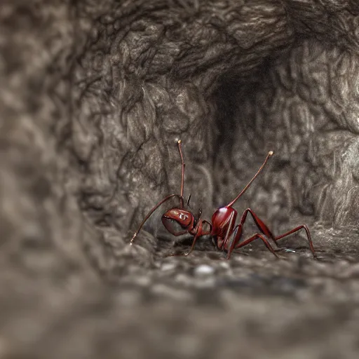 Image similar to Anthropomorphic ant mage in a dark cave, no blur, 4k resolution, ultra detailed-i