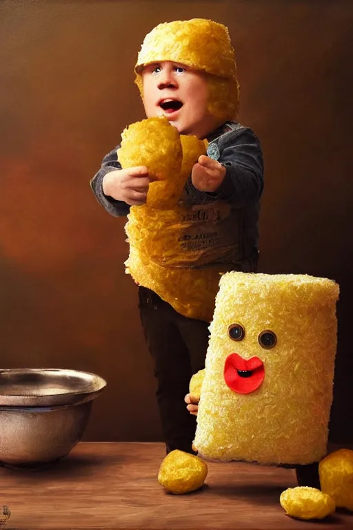 Image similar to channing tatum in a tater tot costume, oil on canvas, intricate, 8 k highly professionally detailed, hdr, cgsociety