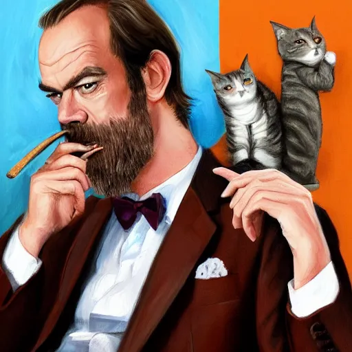 Young Hugo Weaving in a suit smoking a cigar with a