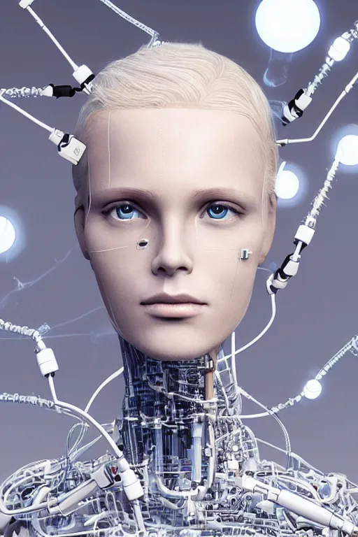 Image similar to robot with human face, female head, full body angle, woman human face, human face realistic, beautiful blonde hair, human head, human head with blonde hair, blonde hair human head, blonde hair, human realistic face, human head skin, cyborg frame concept, cyborg by ales-kotnik, sci-fi android female, the body is made of wires, robotic body, cyborg body, cyborg bust body, robot body cyborg, full body