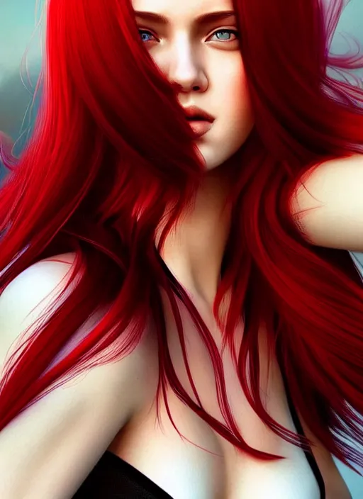 Image similar to photo of gorgeous woman with her right side hair dyed red and left side hair white in the style of stefan kostic, realistic, half body shot, sharp focus, 8 k high definition, insanely detailed, intricate, elegant, art by stanley lau and artgerm, foggy backgeound