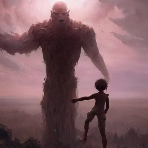 Image similar to a beautiful terrifying pale humanoid giant looms over a tiny human. ethereal fantasy art by greg rutkowski