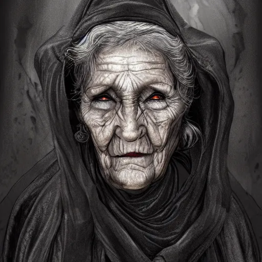Image similar to portrait, old wrinkled witch. dark clothes. high detail, digital art, fantasy, RPG, concept art, illustration