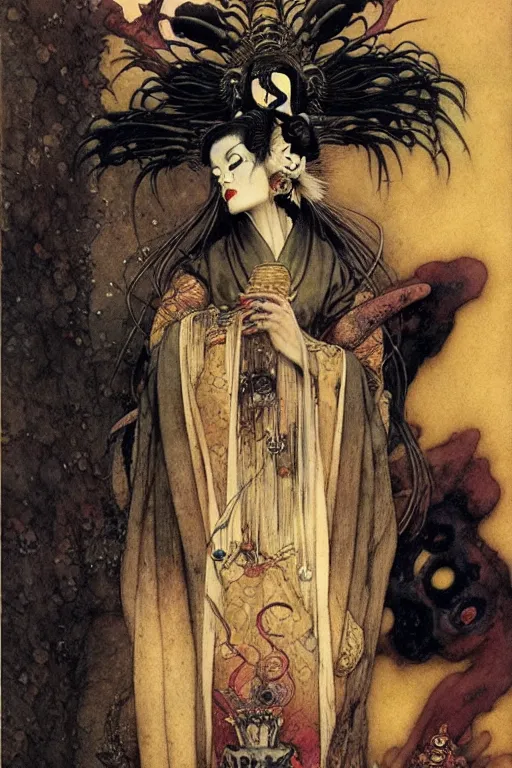 Prompt: geisha alchemist by wayne barlowe, gustav moreau, goward,  Gaston Bussiere and roberto ferri, santiago caruso, and austin osman spare, ((((occult art))))