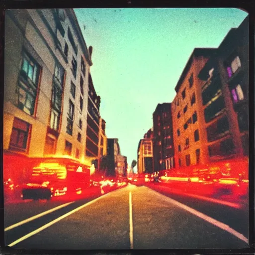 Image similar to colorful instant photograph of the middle of the street at night, polaroid, light leak, raw, nostalgic