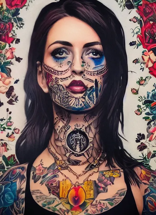 Image similar to beautiful enlightened instagram selfie influencer woman with tattoos, tattooed skin, oil painting, robe, symmetrical face, greek dark ritual myth, by sandra chevrier, masterpiece