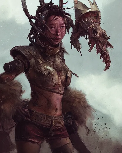 Image similar to hyper realistic photo of postapocalyptic mongolian demon girl with helmet, full body, cinematic, artstation, cgsociety, greg rutkowski, james gurney, mignola, craig mullins, brom