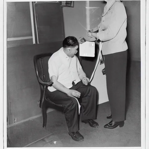 Prompt: a man sitting on a chair having his blood pressure measured by a nurse, photograph