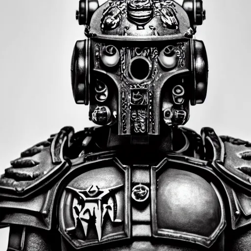 Image similar to symmetrical, close up portrait of warhammer 4 0 k space marine ghandi, covered in sesame street tattoos, studio lighting, depth of field, photography, black and white, highly detailed