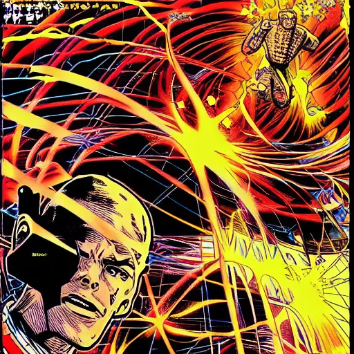 Image similar to alan turing manga comic book cover, action, explosions, by alex grey