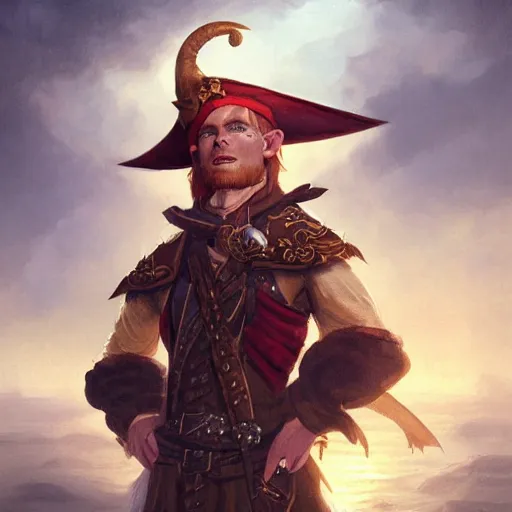 Prompt: portrait of a charming dashing ginger male elf pirate captain wearing tricorne hat, naval background, sunny day, fantasy art by greg rutkowski, intricate, elegant, D&D, award-winning, highly detailed, digital painting, trending on ArtStation, digital art.