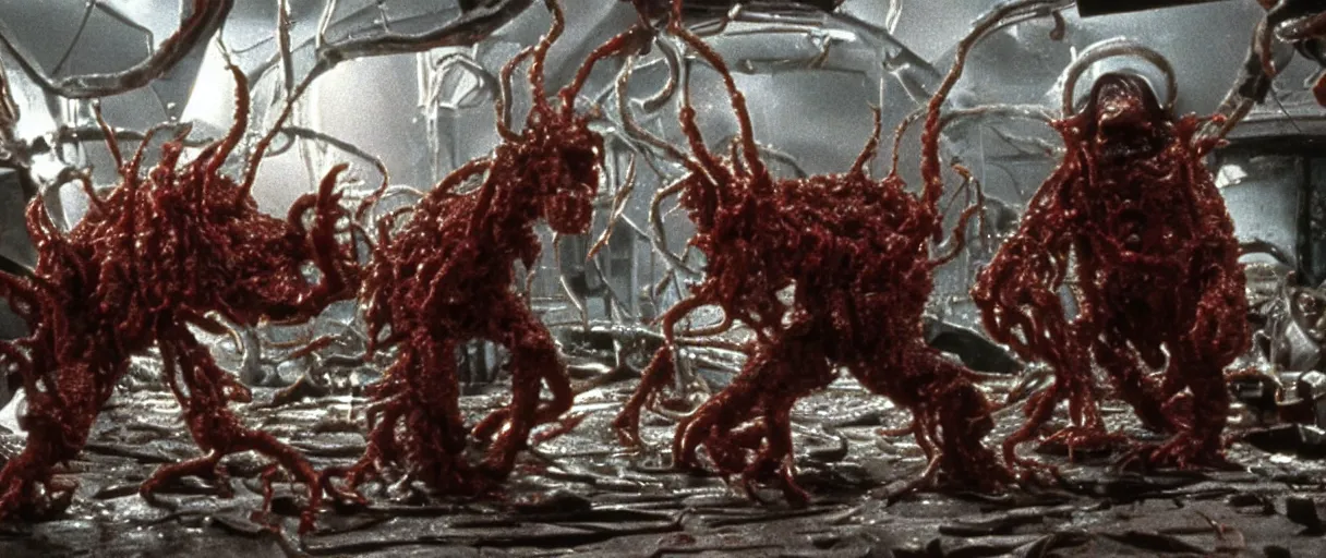 Image similar to filmic extreme wide shot dutch angle movie still 4k UHD interior 35mm film color photograph of a dozen soldiers mangled and stabbed by a dangerous horrifying shape-shifting abstract looking organism from The Thing 1982, in the style of a 1980s horror film