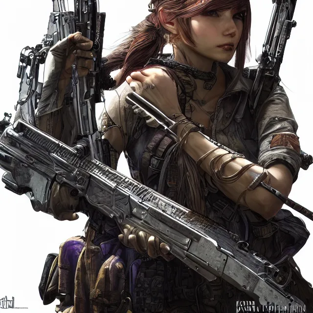 Image similar to the portrait of lawful neutral female cyberpunk infantry sniper as absurdly beautiful, gorgeous, elegant, young woman looking up, an ultrafine hyperdetailed illustration by kim jung gi, irakli nadar, intricate linework, bright colors, octopath traveler, final fantasy, unreal engine 5 highly rendered, global illumination, radiant light, detailed and intricate environment