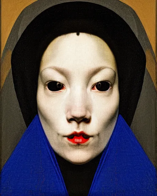 Prompt: symmetrical close - up portrait of a woman face with blue frizzy hair, wearing a embroidered black mask by alexander mcqueen, bjork aesthetic, masterpiece, in the style of rogier van der weyden and jacopo da pontormo, punk, asian art