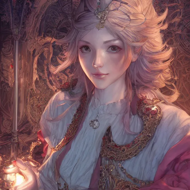 Image similar to the portrait of neutral good colorful female cleric bard as absurdly beautiful, gorgeous, elegant, skinny young gravure idol, an ultrafine hyperdetailed illustration by kim jung gi, irakli nadar, intricate linework, sharp focus, bright colors, octopath traveler, final fantasy, unreal engine 5 highly rendered, global illumination, radiant light, detailed and intricate environment