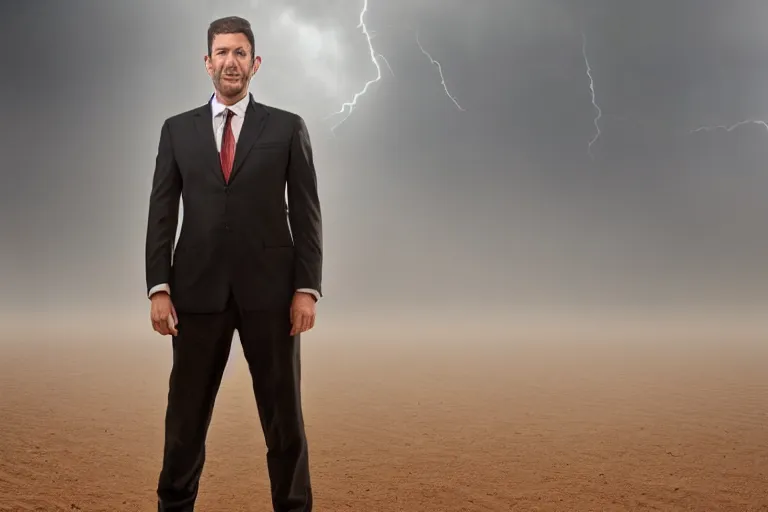 Image similar to a cinematic portrait photograph of a man dressed in a business suit in a desert, dust storm, thunder and lightning, lee madgwick and zack snyder, 8 k, hd, high resolution, 3 5 mm, f / 3 2, tenet