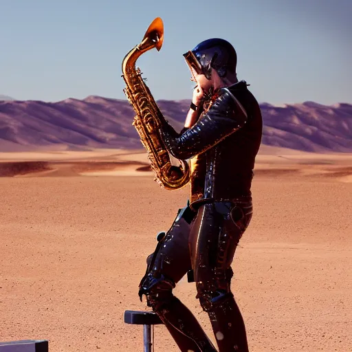 Image similar to metal cyborg playing saxophone in the desert, 8 k, movie still