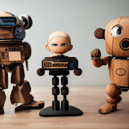 Image similar to ultra realistic 8k octa photo, wooden art toys on base , cute cyber gods , hyperdetailed, concept art