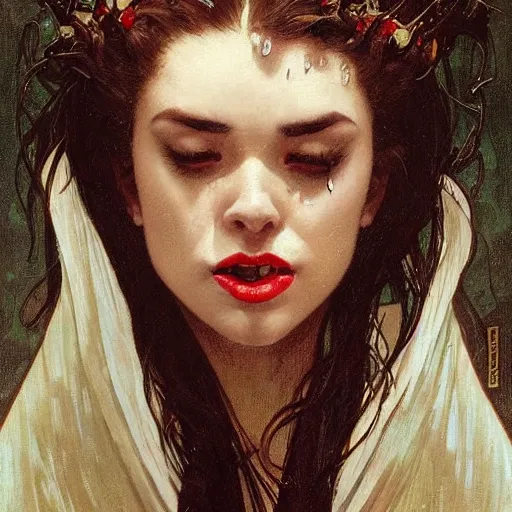 Prompt: portrait of a menacing beautiful vampire, face only, eyes half closed, crying many tears, broken face, closed lips, closed mouth by Stanley Artgerm Lau , greg rutkowski, thomas kindkade, alphonse mucha, loish, norman rockwell, J. C. Leyendecker. hair waving in the wind, pale skin, sinister complexion, thorn crown, imagine bordered by thorns. D&D, fantasy. Trending on artstation rule of thirds extremely detailed illustration hd 4k