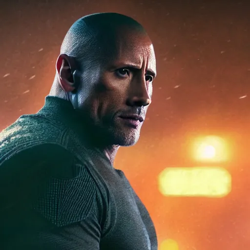 Image similar to a still from Blade Runner 2049 of Dwayne Johnson in futuristic power armor, highly detailed, 4k, cyberpunk