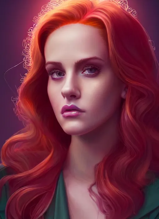 Image similar to full body portrait of teenage cheryl blossom, bangs, green eyes, sultry expression, red hair, sultry smirk, bangs and wavy hair, pink skirt, intricate, elegant, glowing lights, highly detailed, digital painting, artstation, concept art, smooth, sharp focus, illustration, art by wlop, mars ravelo and greg rutkowski