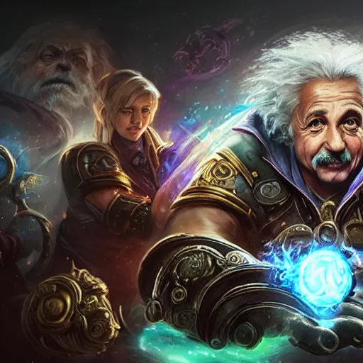 Image similar to portrait of albert einstein as a spellcaster, league of legends amazing splashscreen artwork, gears of war, splash art, natural light, elegant, photorealistic facial features, intricate, fantasy, detailed face, atmospheric lighting, anamorphic lens flare, cinematic lighting, league of legends splash art, hd wallpaper, ultra high details by greg rutkowski