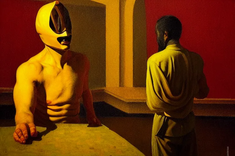 Prompt: portrait, yellow ranger, an exposed picture in a roman theater is trying to be sold by an old man, in the style of beksinski, parts by edward hopper, parts by rodcenko, parts by yue minjun, intricate and epic composition, red by caravaggio, insanely quality, highly detailed, masterpiece, red light, artstation, 4 k