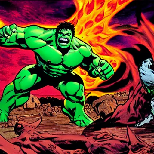 Image similar to The hulk in hell fighting Satan 4K detail