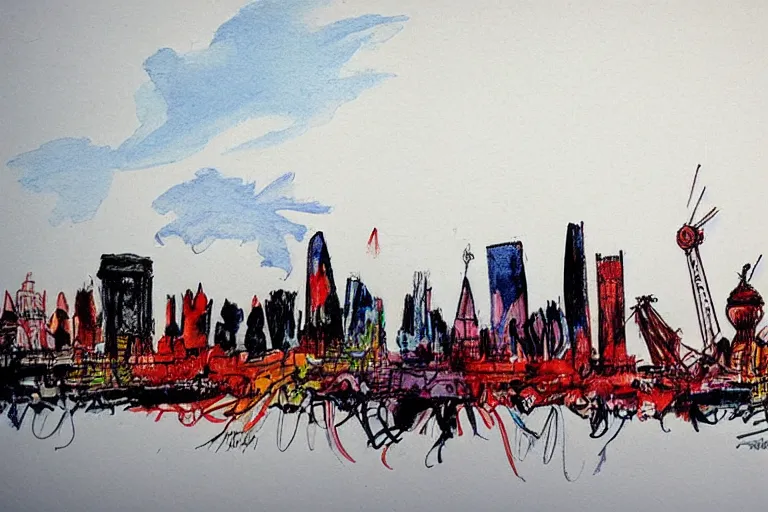 Image similar to color sketch of the london skyline, highly detailed, dramatic lighting, intense shadows, rich deep colours, by quentin blake