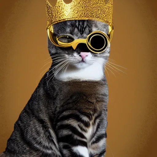 Image similar to a man - cat wearing a golden crown and black goggles