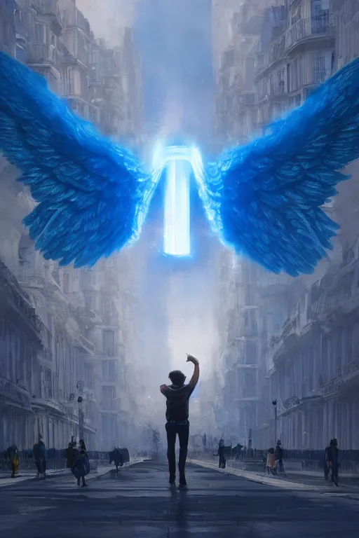 Image similar to a man from behind with a pair of blue vapor energy wings soaring through futuristic paris, 4 k, shimmering color, cinematic light, hyper detailed, art by greg rutkowski and magali villeneuve and artgerm