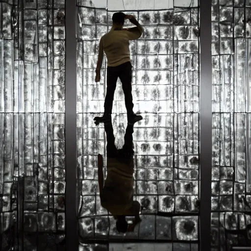 Image similar to a man taking a selfie in front of a large room with mirrors on two walls and concrete on the other two walls, a pond in the center of the room surrounded by upholstered sofas, a tilt shift photo by leandro erlich, featured on cg society, kitsch movement, hall of mirrors, high dynamic range, studio portrait