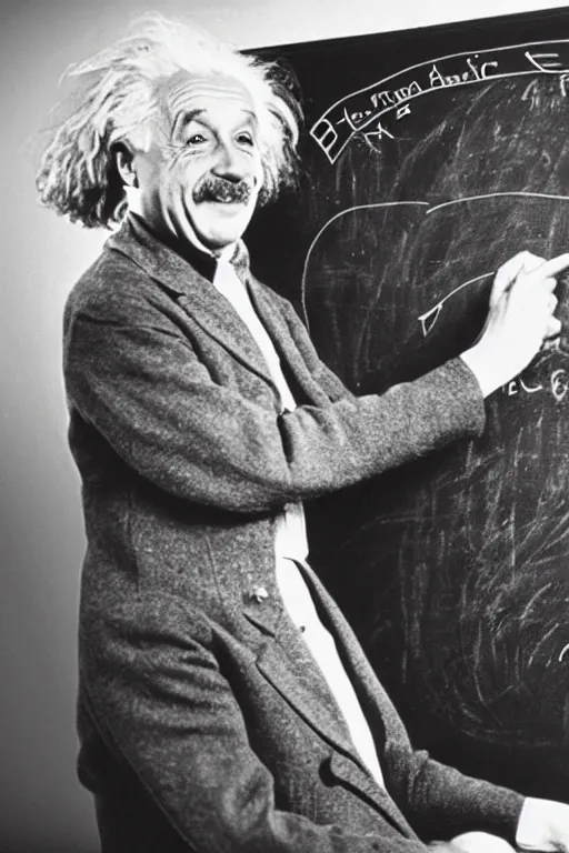 Image similar to professional photo of happy albert einstein on the background of the blackboard on which it is written e = mc 2, portrait,, ancient, realistic, detailed