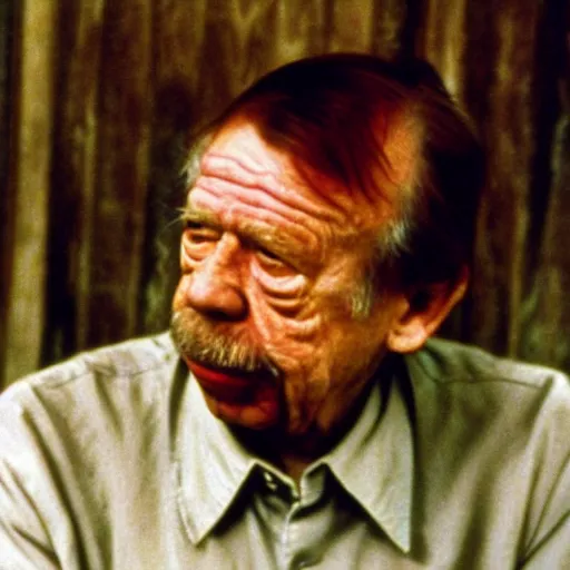 Image similar to a closeup of vaclav havel in a frame from a jan svankmajer movie