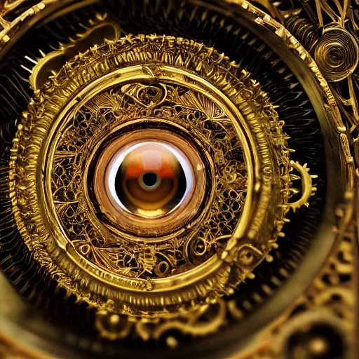 Prompt: a macro photo of a gold and silver mechanical eye, close - up, large intricate iris with gears and inside, intricate gears and lenses and filaments, intricately detailed engravings, intricately detailed markings, intricate textures, warm lighting, vivid colors, realistic octane render, hyper realistic render, volumetric shading, depth of field, raytracing, 8 k,