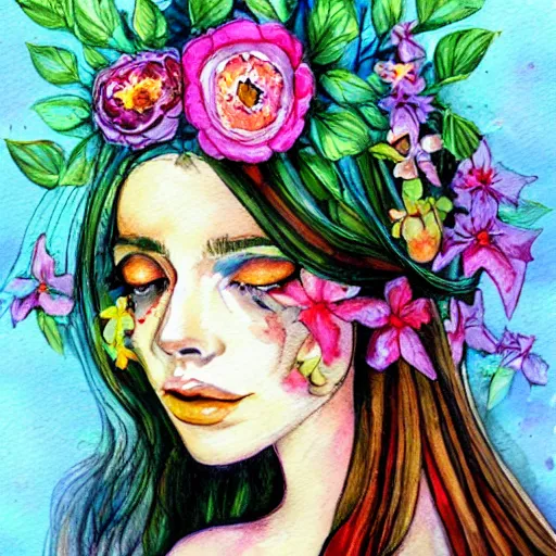 Image similar to a painting of a woman with flowers in her hair, a watercolor painting by alice mason, deviantart, psychedelic art, deviantart, detailed painting, watercolor