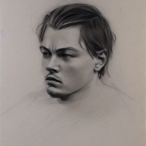 Prompt: portrait drawing of young leonardo dicaprio, by Ilya Repin, charcoal, pencil, 20th century russian academic art, naturalistic, somber, loose line work