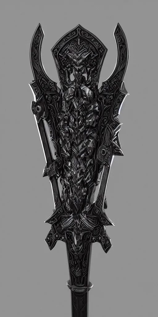 Image similar to a black and silver axe skull crest, ornament, dwarven weapon, by dom qwek, trending on artstation, hard surface modeling, one handed axe, ax