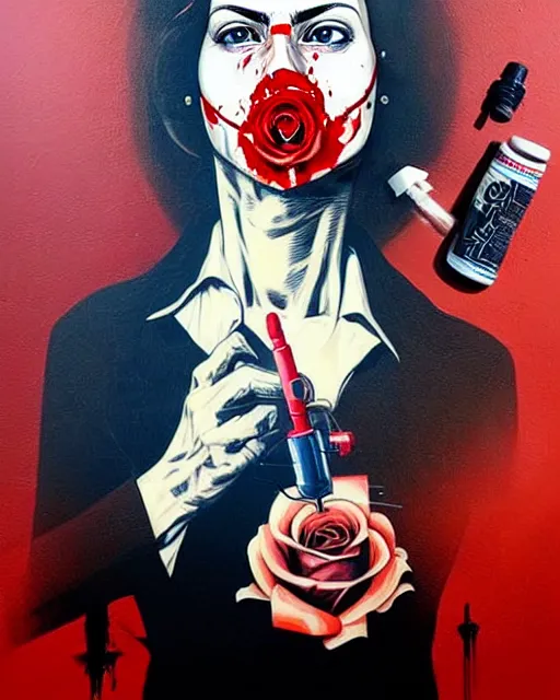 Prompt: portrait of a spy wearing oxygen mask, has blood, rose, a pistol and a syringe needle with sea background intricate details with horror side profile by Sandra Chevrier