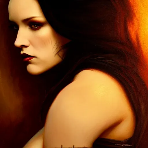Prompt: majestic gracious regal aristocratic female raven haired vampire portrait, atmospheric lighting, painted, curvy, voluptuous, menacing, intricate, volumetric lighting, beautiful, rich deep colours masterpiece, golden hour, sharp focus, ultra detailed, by leesha hannigan, ross tran, thierry doizon, kai carpenter, ignacio fernandez rios