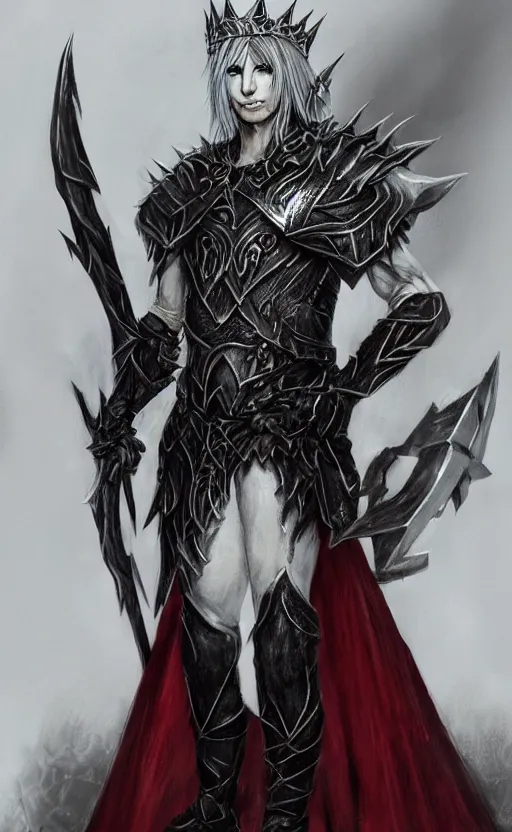 Image similar to A male elf, 20 years old, short silver hair, red eyes, wearing a spiked black metal crown, black heavy armor with gold trim, and a red cape, lean but muscular, attractive, command presence, royalty, weathered face, smooth, sharp focus, illustration, concept art, highly detailed, muscle definition, fantasy paitning, ArtStation, ArtStation HQ