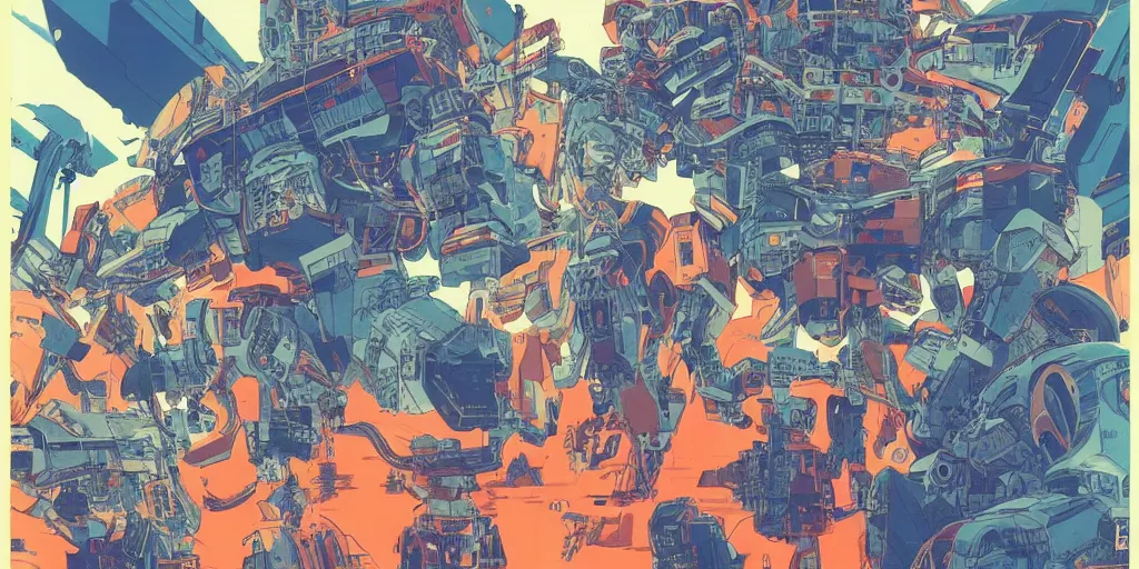 Image similar to risograph, gigantic mecha faces, no artifacts, tiny rats, a lot of exotic animals around, big human faces everywhere, by satoshi kon and moebius, matte blue colors, surreal design, crispy, super - detailed, a lot of tiny details, no blur, 4 k, fullshot