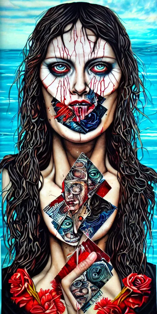 Prompt: a tarot card portrait horror and blood with sea and ocean intricate details by Sandra Chevrier