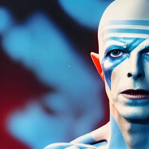 Image similar to film still of David Bowie as Dr. Manhattan in Watchmen, 4k