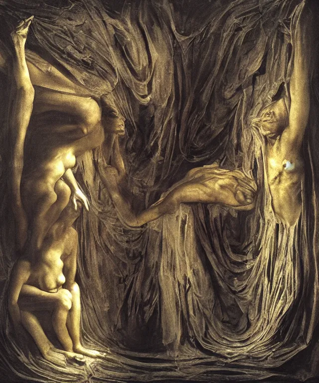 Image similar to The dark room without doors and windows with beautiful full-body wax sculpture of the glowing transparent woman with visible golden bones inside her in the singularity where stars becoming baroque folds of dark matter by Michelangelo da Caravaggio, Nicola Samori, William Blake, Alex Grey and Beksinski, dramatic volumetric lighting, super detailed oil painting, 8k, masterpiece